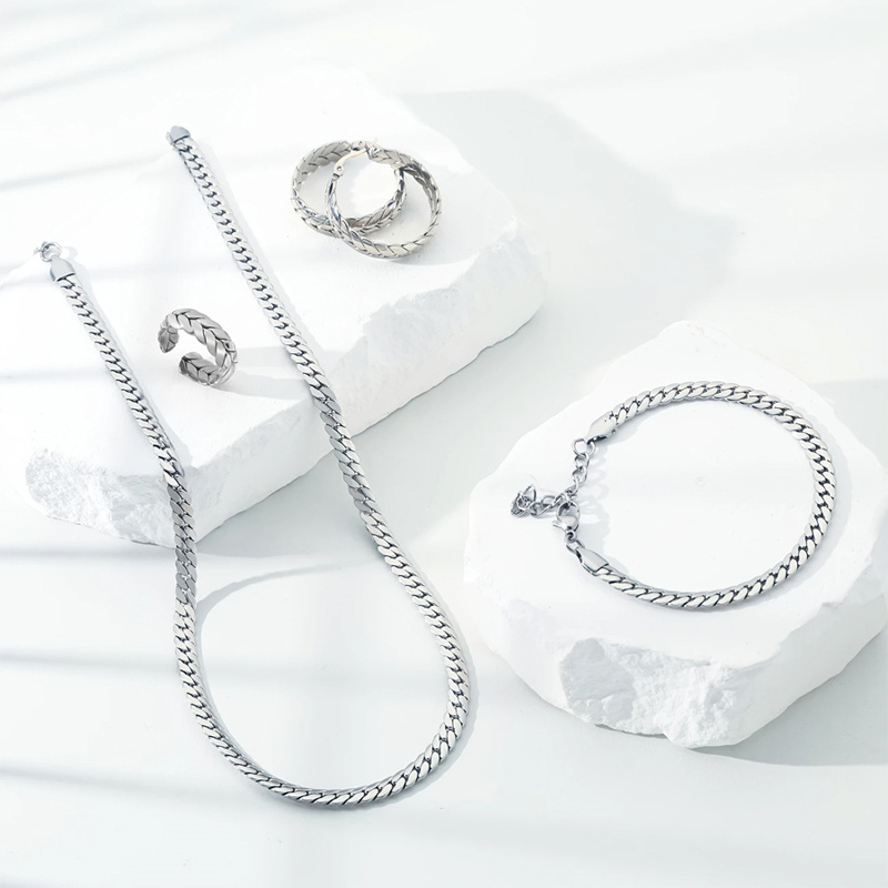 925 Silver Flat Chain Jewelry Set 4pcs